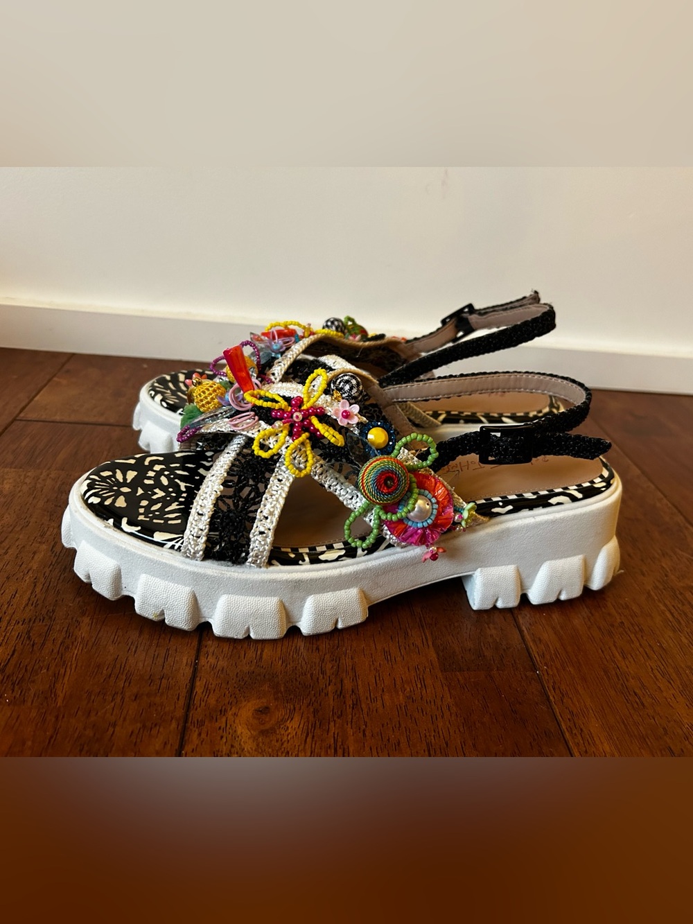 Betsey Johnson Graysen Black & White Beaded Floral Platform Sandal - Picture 4 of 7